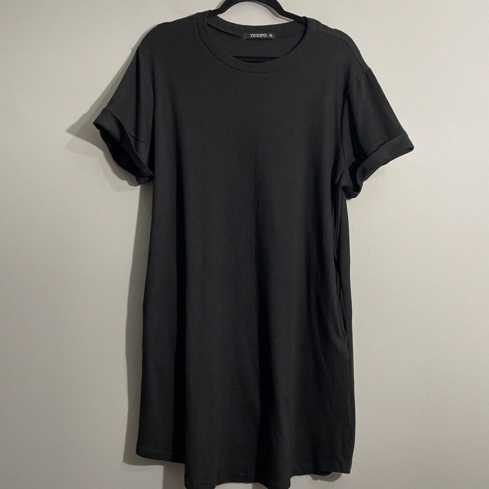 Yexipo Black Short Sleeve Dress Women’s XL Pockets Casual Loose T-Shirt Dress